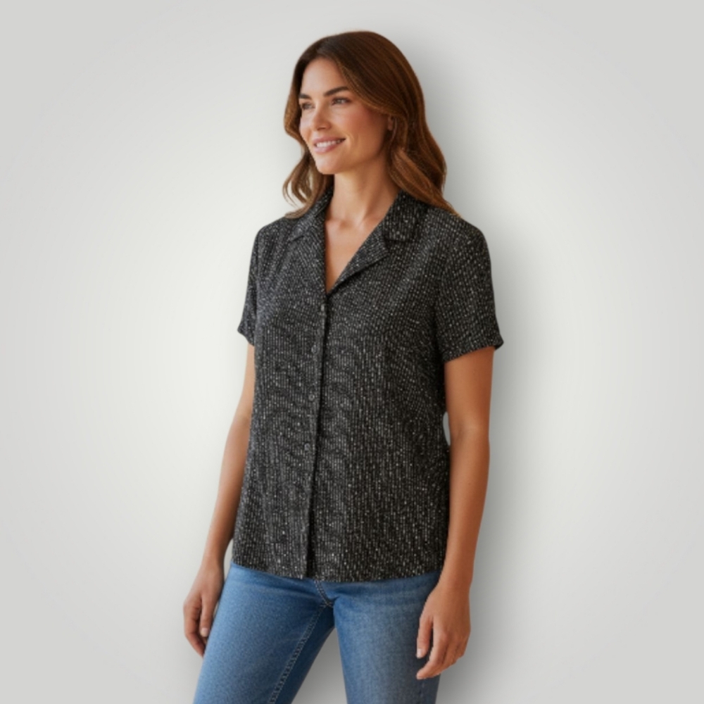 Covington Black Polka Dot Blouse‎ Womens L Vintage Office Shirt  90s Cap Sleeves